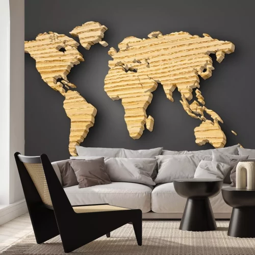 Sticker world map carving on wood plank
