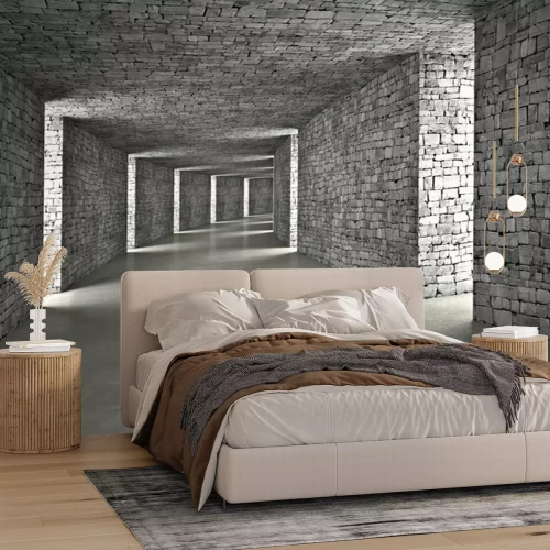 Fotobehang Grijze 3D-stenen tunnel