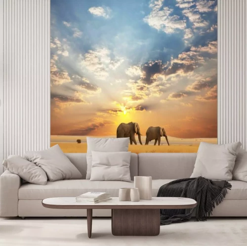 Fotobehang Afrikaanse savanne met olifanten bij zonsondergang