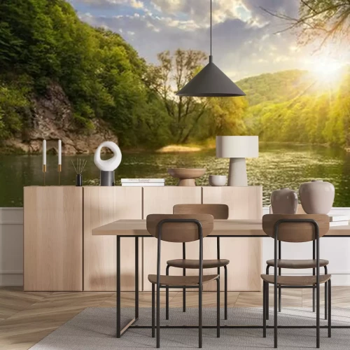 Fotobehang Panorama van een rivier bij zonsondergang