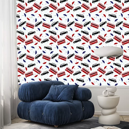 Behang Seamless pattern with double-decker buses, taxi and umbrellas un