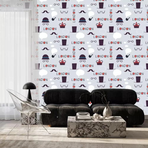 Behang Londen patroon met hoeden en snorren