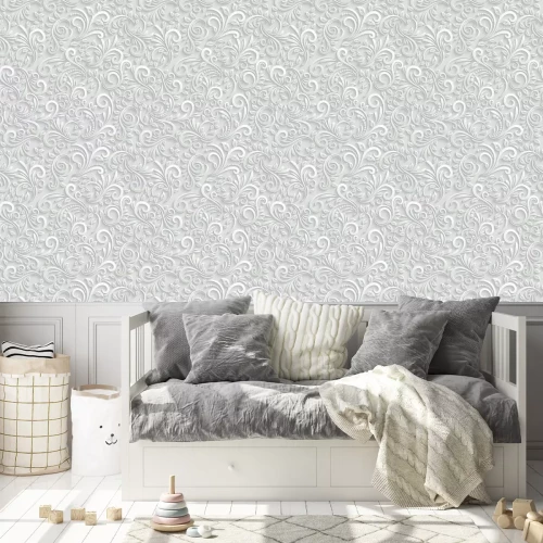 Behang Witte fantasiebloemen met 3D-effect