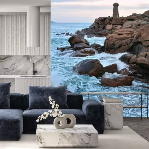 Fotobehang Vuurtoren op een rotsachtig landschap