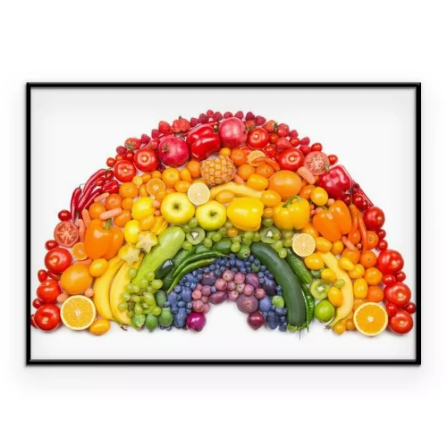 Poster Fruit en groenten gerangschikt in de vorm van een regenboog.