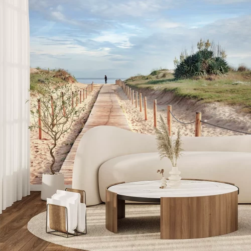 Fotobehang Toegang tot het strand over een houten promenade