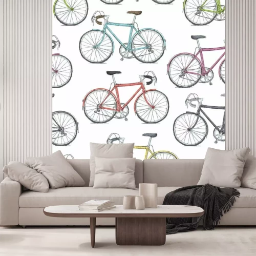 Fotobehang Kleurrijk ontwerp met fietsen op een witte achtergrond
