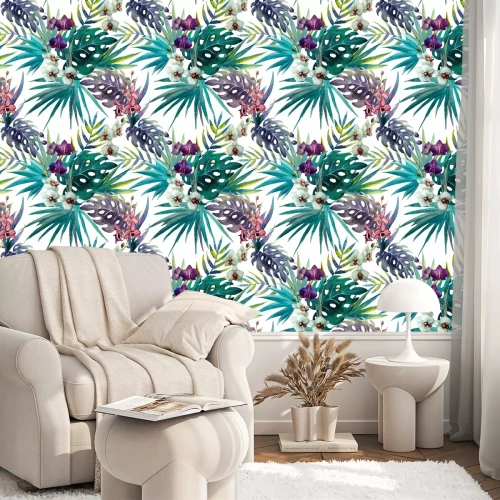 Behang patroon orchidee hibiscus verlaat aquarel tropen