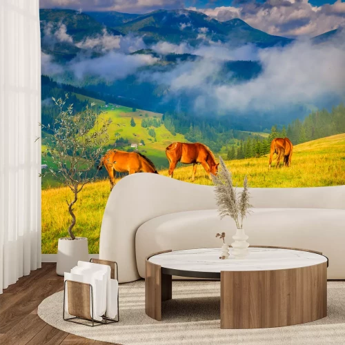 Fotobehang Paarden op de achtergrond van bergen in de mist