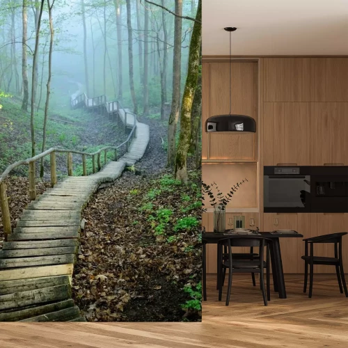 Fotobehang Staiway in het bos verdwijnen in sterke mist