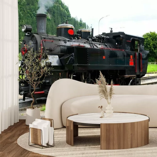 Fotobehang Zwart-rode stoomtrein met bosrijke achtergrond