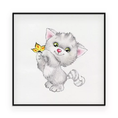 Poster Een grijs katje en een gele vlinder, getekend in de stijl van een kindertekening.