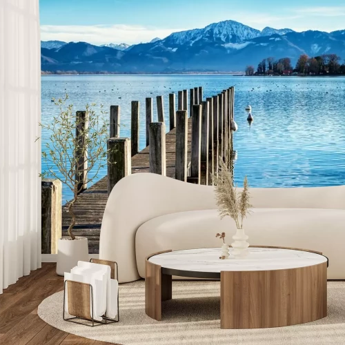 Fotobehang Houten pier op een blauw meer