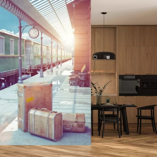 Fotobehang Groene trein aan het station in de ochtend