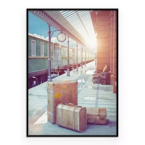 Poster Groene trein aan het station in de ochtend