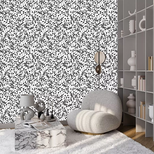 Behang Vector zwarte muzieknoten en g-sleutels naadloos patroon op