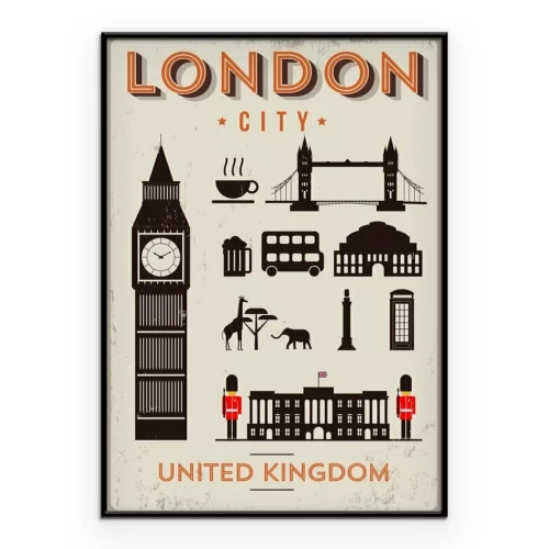 Poster Big Ben en andere Londense bezienswaardigheden in cartoonstijl.
