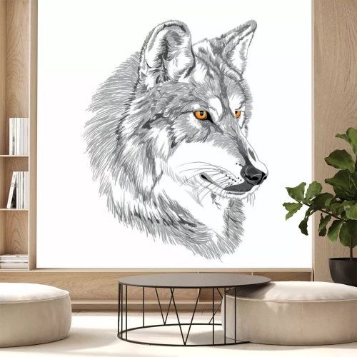 Sticker Wolvenkop met gouden ogen in cartoonstijl.