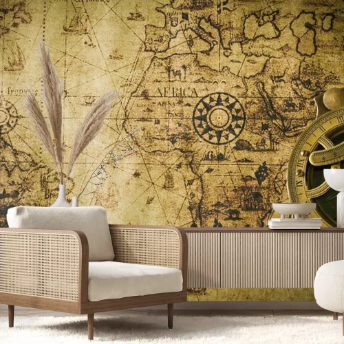 Fotobehang Oude kaarten met een kompas