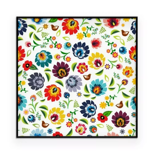 Poster Grafische vormgeving met veelkleurige bloemen in een volksstijl.