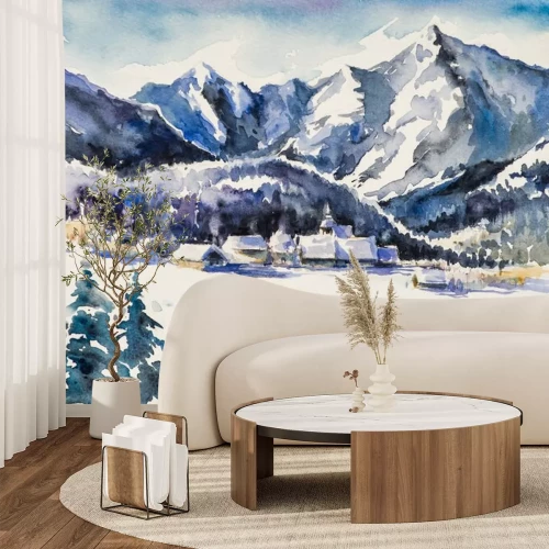 Sticker Winterlandschap - dorp bedekt met snow.Watercolors.