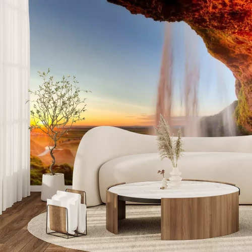 Fotobehang Zonsondergang bij een waterval