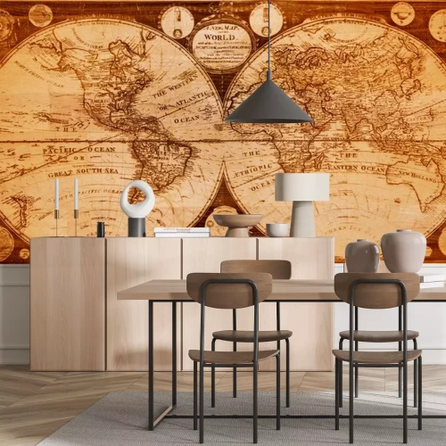 Sticker oude houten kaart van noordelijk en zuidelijk halfrond aarde