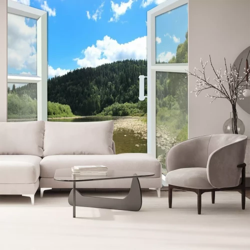 Fotobehang Uitzicht door het raam op de rivier en de bergen