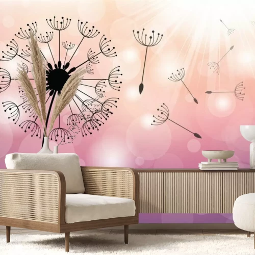 Fotobehang Een minimalistische paardenbloem op een roze achtergrond