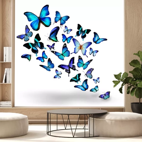 Sticker Wolk van blauwe vlinders