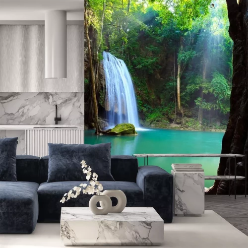 Fotobehang Waterval in de jungle in 3D