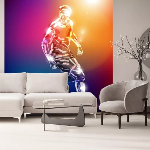 Fotobehang Silhouet van een voetballer op een kleurrijke achtergrond