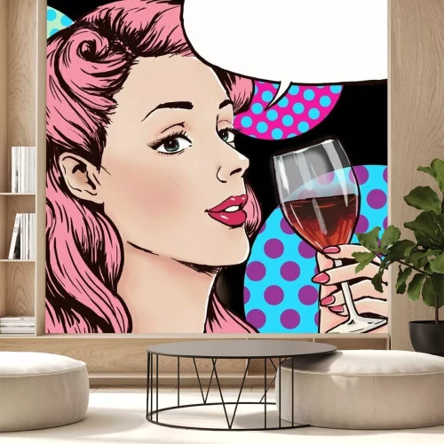 Sticker Pop Art Meisje met het glas wijn met tekstballon.