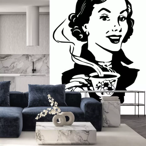 Sticker Vrouw met een kopje koffie retro afbeelding