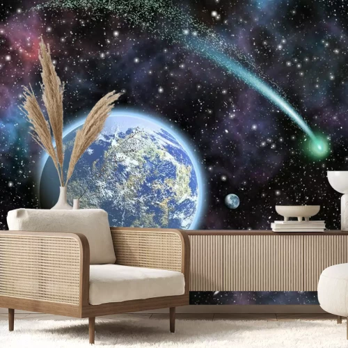 Fotobehang Een komeet die over de aarde vliegt