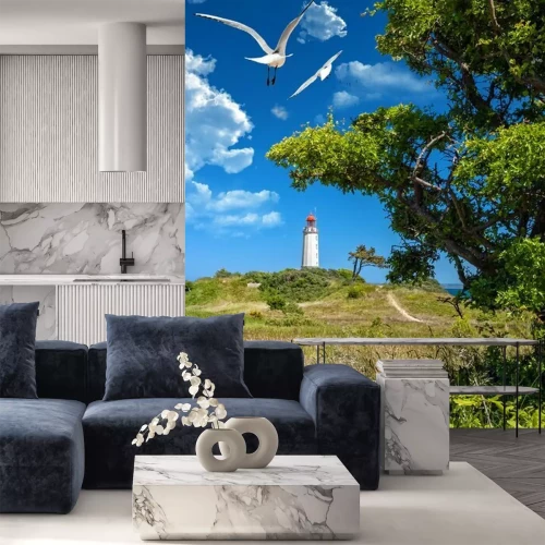 Fotobehang Vuurtoren aan de kust en meeuwen