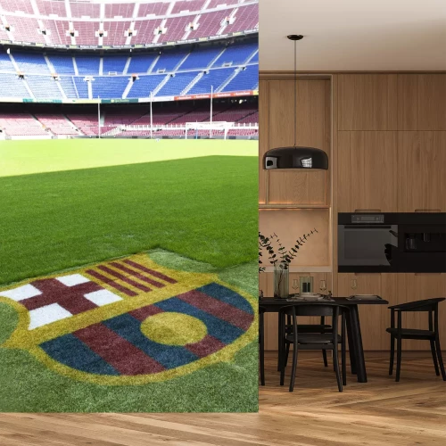 Fotobehang Het clublogo van FC Barcelona op het voetbalveld.