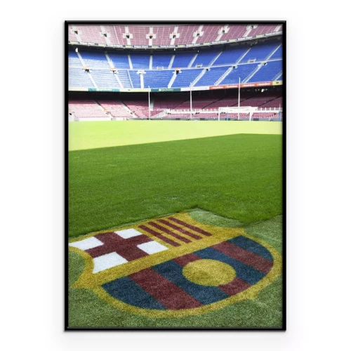 Poster Het clublogo van FC Barcelona op het voetbalveld.