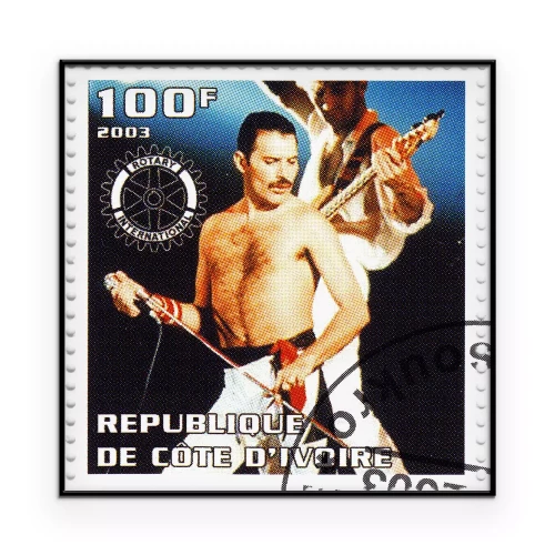 Poster Freddie Mercury op een verzamelaarszegel