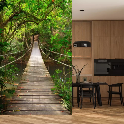 Fotobehang Brug in een groen bos