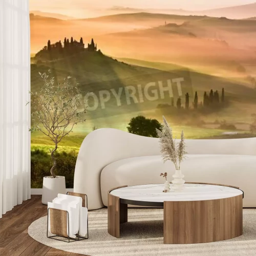 Fotobehang Zonsopgang en mist boven Toscane