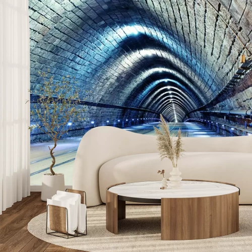 Fotobehang Verlichte bakstenen tunnel in 3D