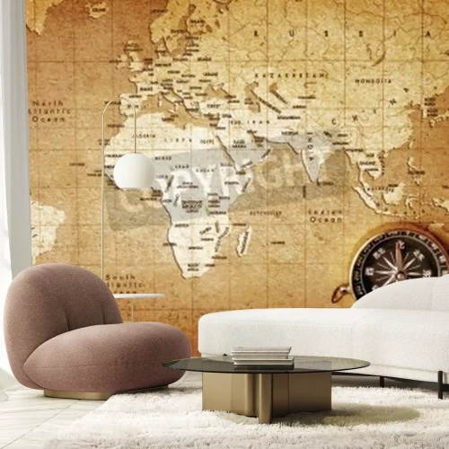 Fotobehang Wereldkaart met kompas aan de rechterkant