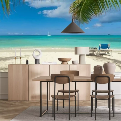 Fotobehang Panorama van het strand met ligstoelen