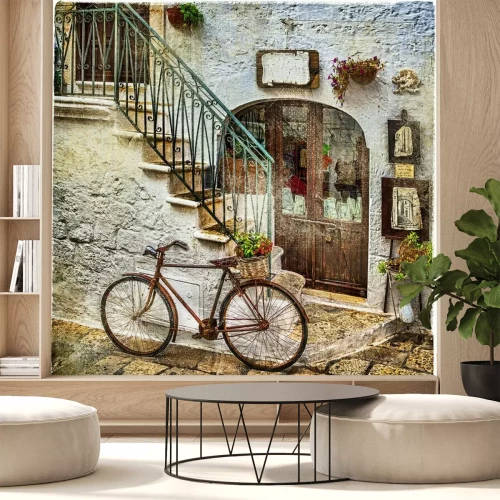 Fotobehang Retro fiets bij een huurhuis