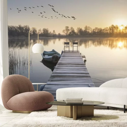 Fotobehang Rivierlandschap met een brug