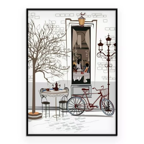 Poster Een cartoonachtige weergave van een charmant straatcafé.