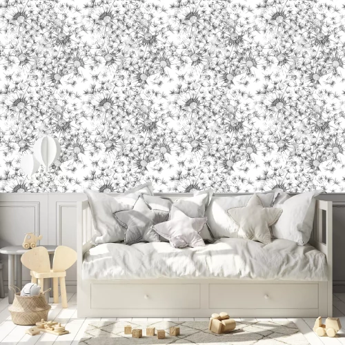 Behang Zwart-witte paardenbloemen als grafiek