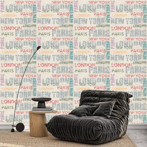 Behang Typografische poster met stadsnamen Londen, Parijs en New York