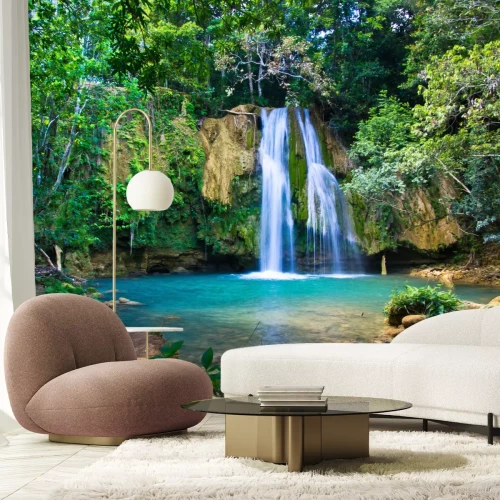 Fotobehang Turquoise waterval in de jungle